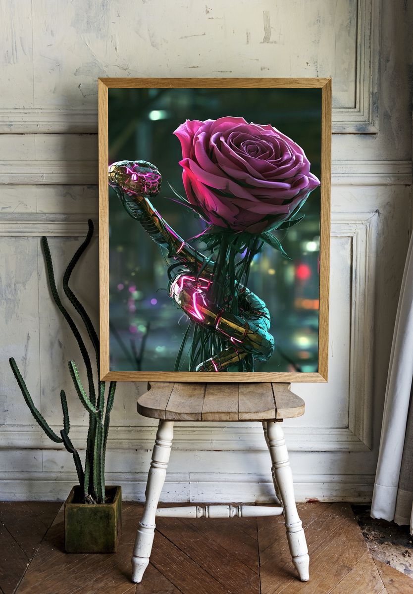 Neon Rose Serpent Illustration Poster. room preview