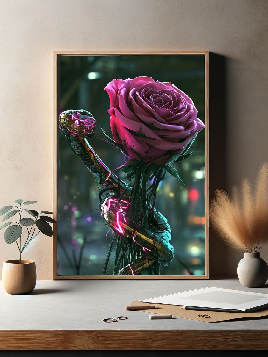 Neon Rose Serpent Illustration Poster. — room view 2