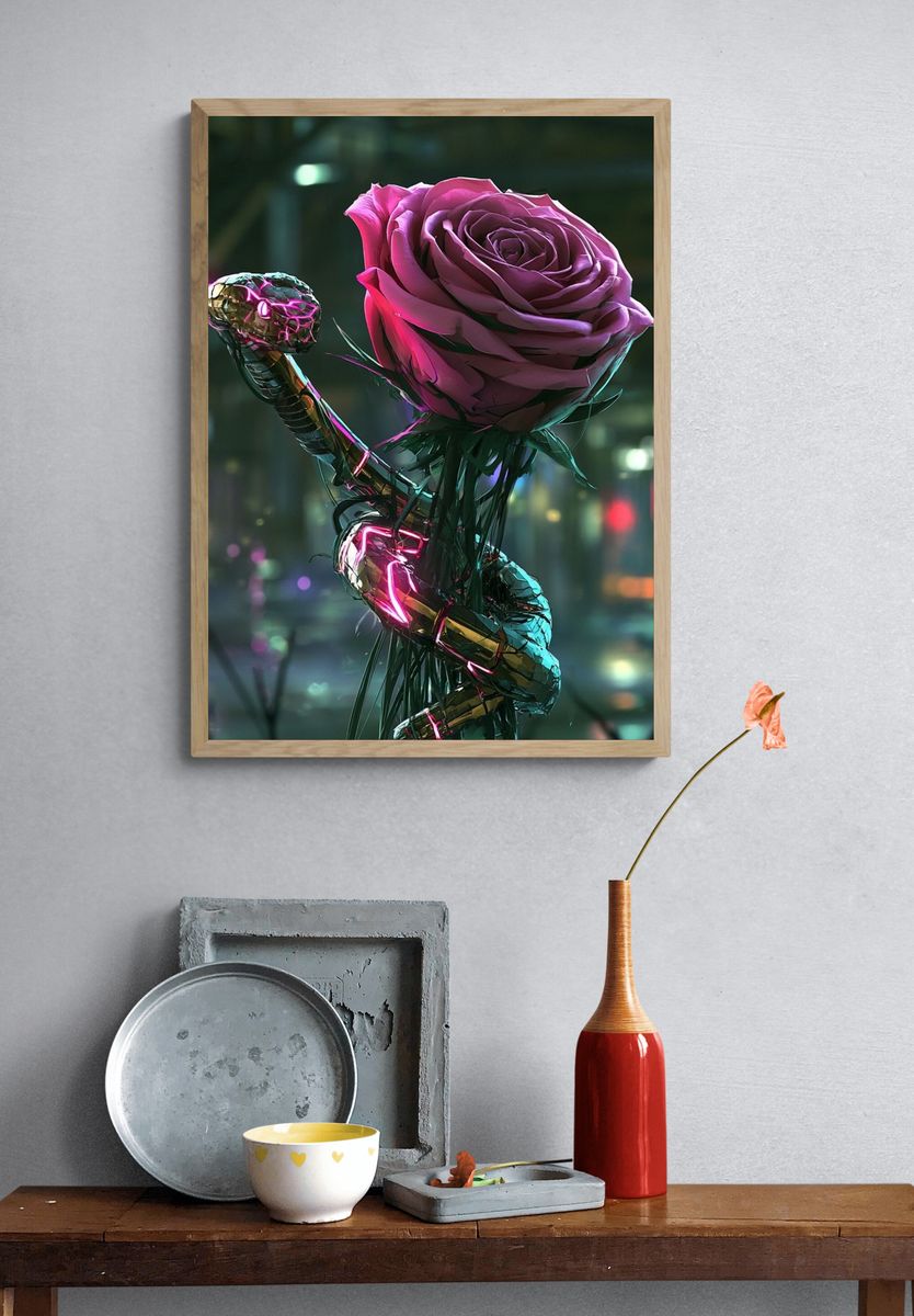 Neon Rose Serpent Illustration Poster. — room view 3
