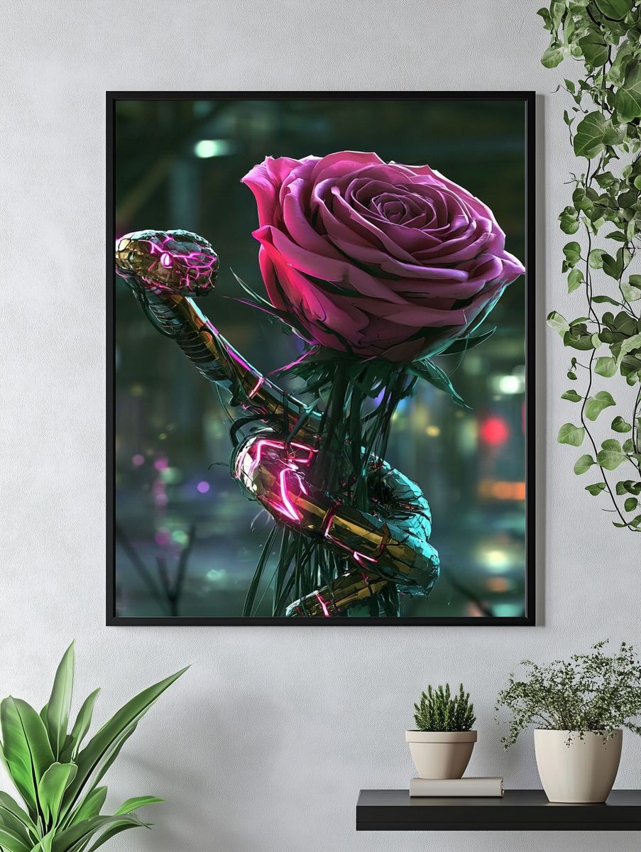 Neon Rose Serpent Illustration Poster. — room view 4