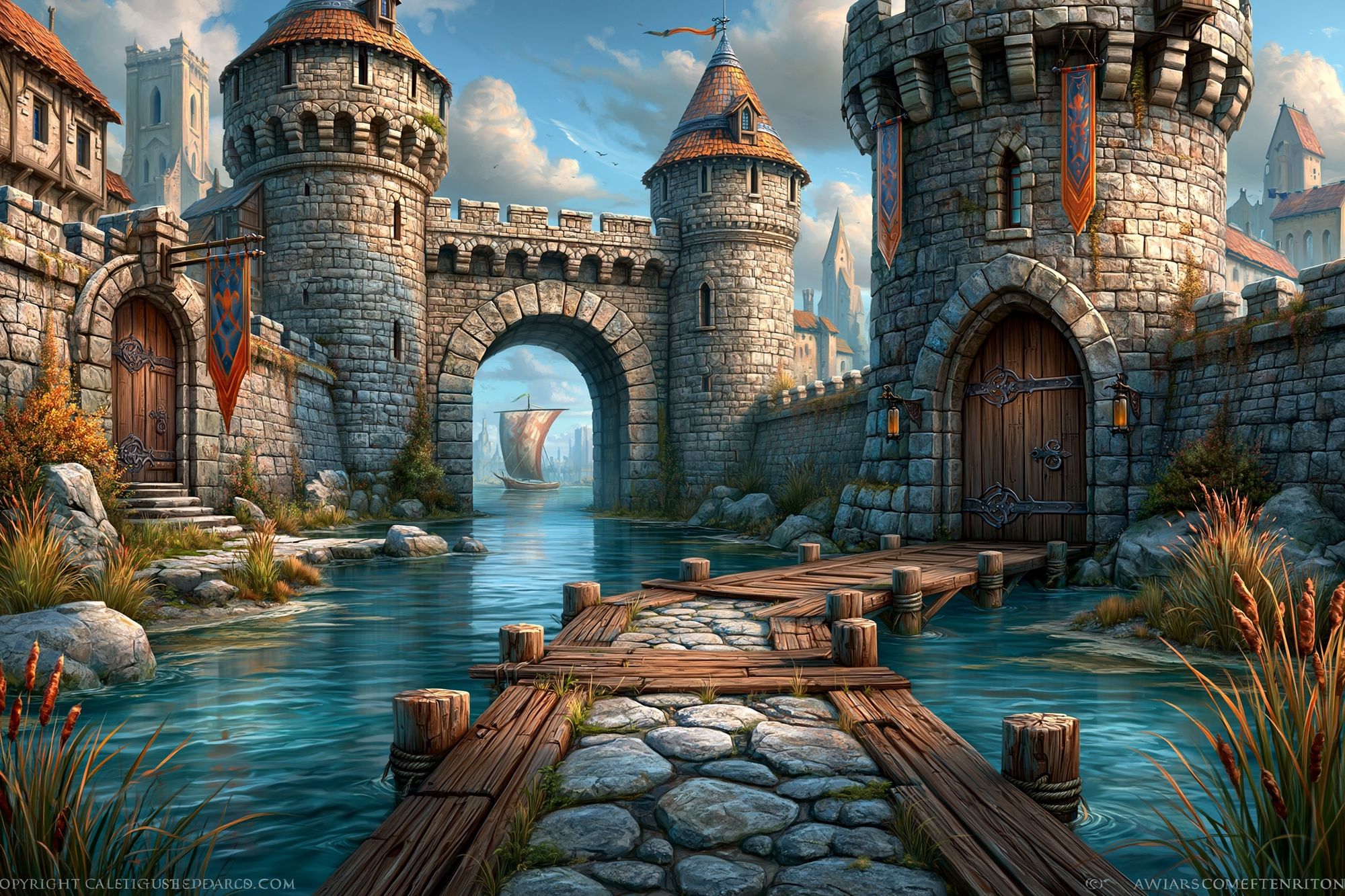 Fantasy Castle Harbor Illustration Poster. poster detail