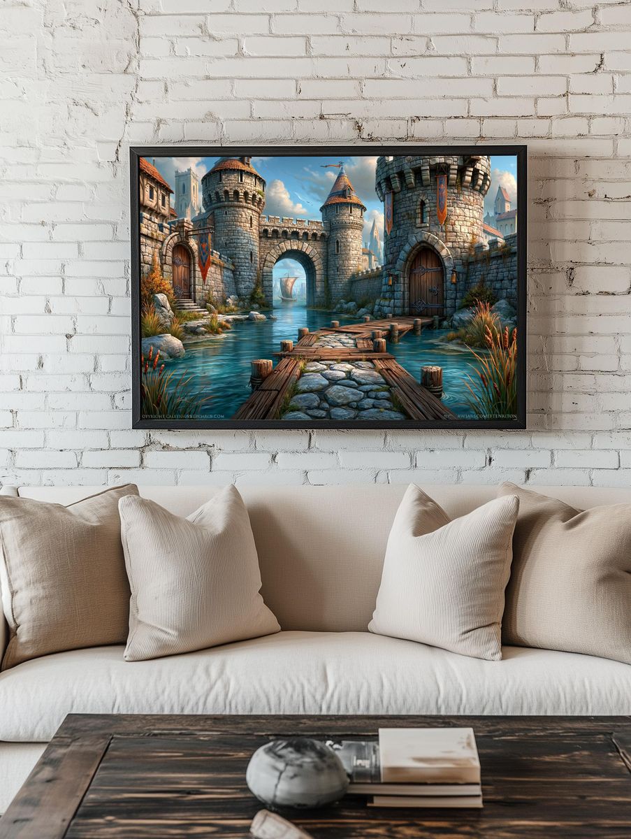 Fantasy Castle Harbor Illustration Poster. room preview