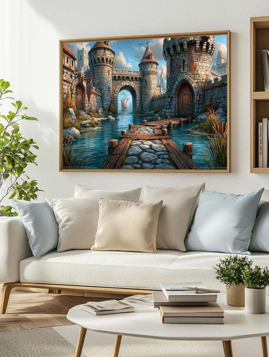 Fantasy Castle Harbor Illustration Poster. — room view 2