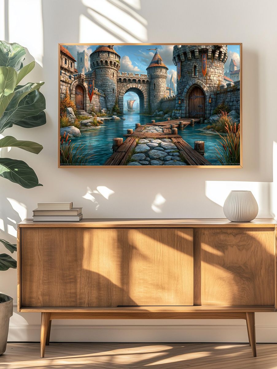 Fantasy Castle Harbor Illustration Poster. — room view 3