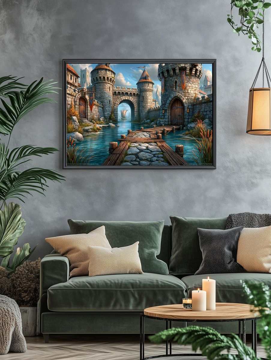 Fantasy Castle Harbor Illustration Poster. — room view 4