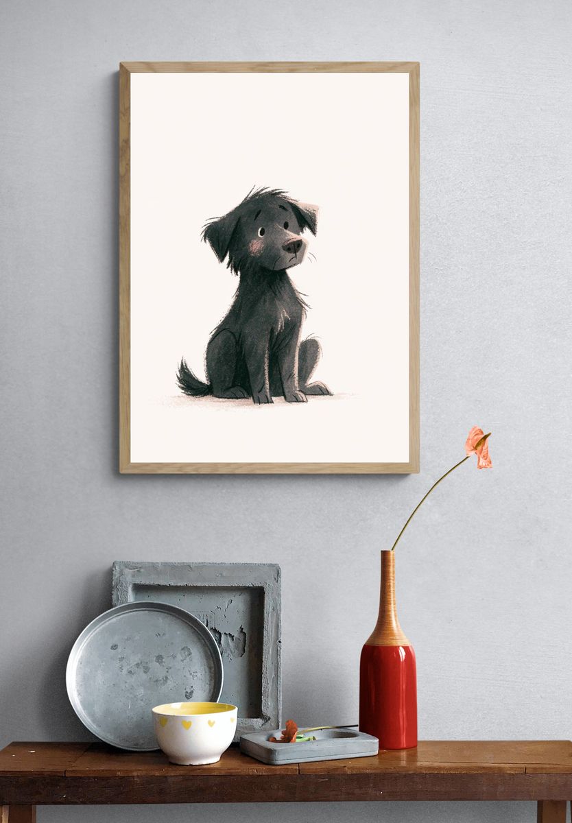 Black Puppy Illustration Poster. — room view 3