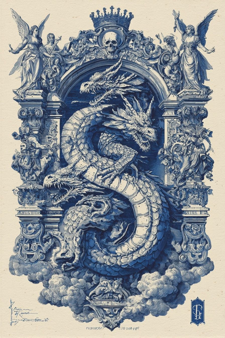 Baroque Dragon Crest Print. poster — illustration art