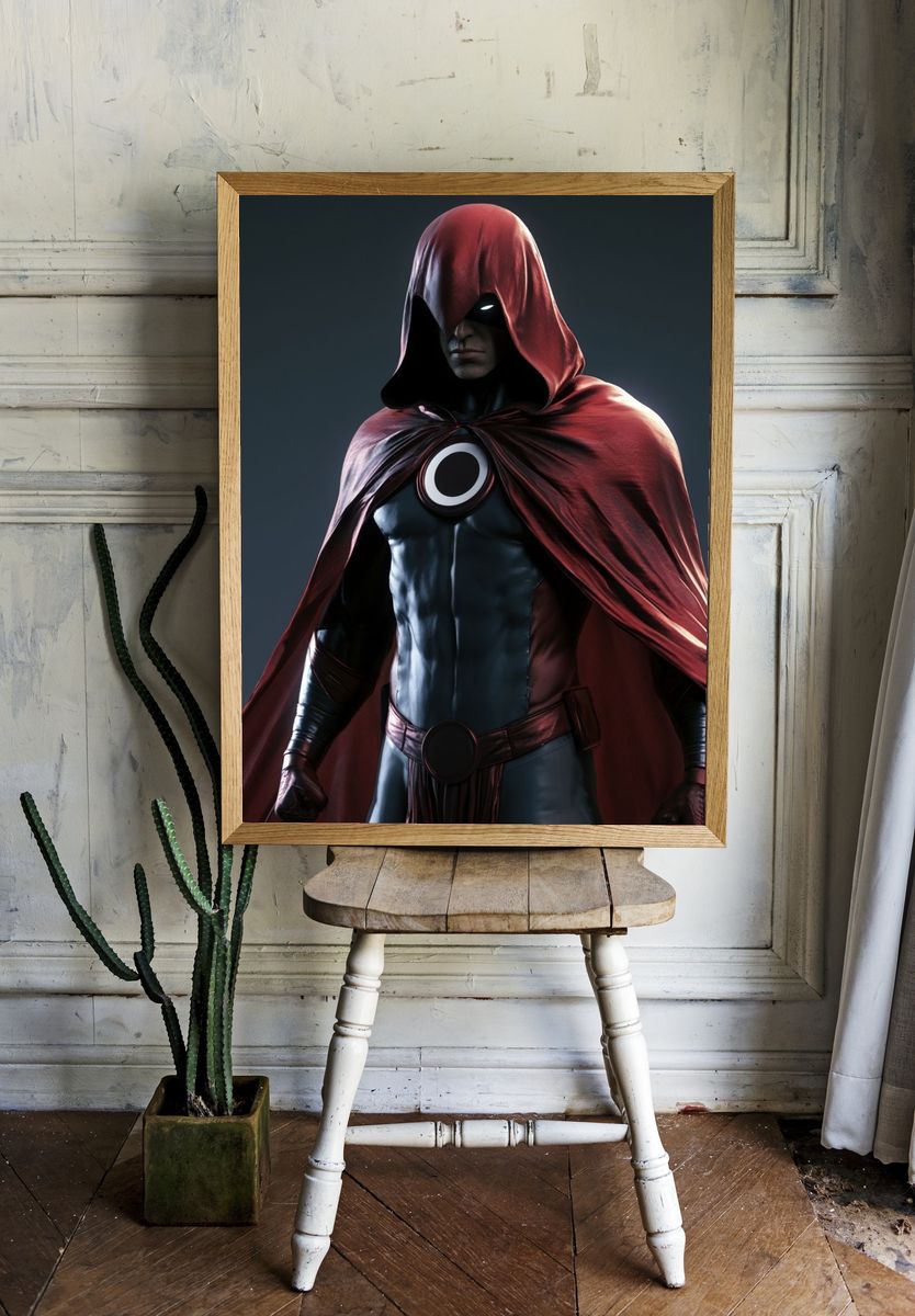Red Hooded Superhero Portrait Print. room preview