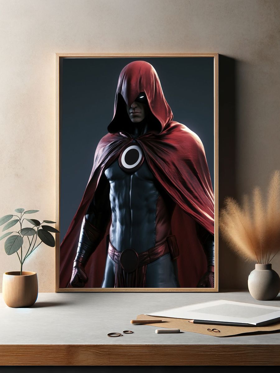 Red Hooded Superhero Portrait Print. — room view 2