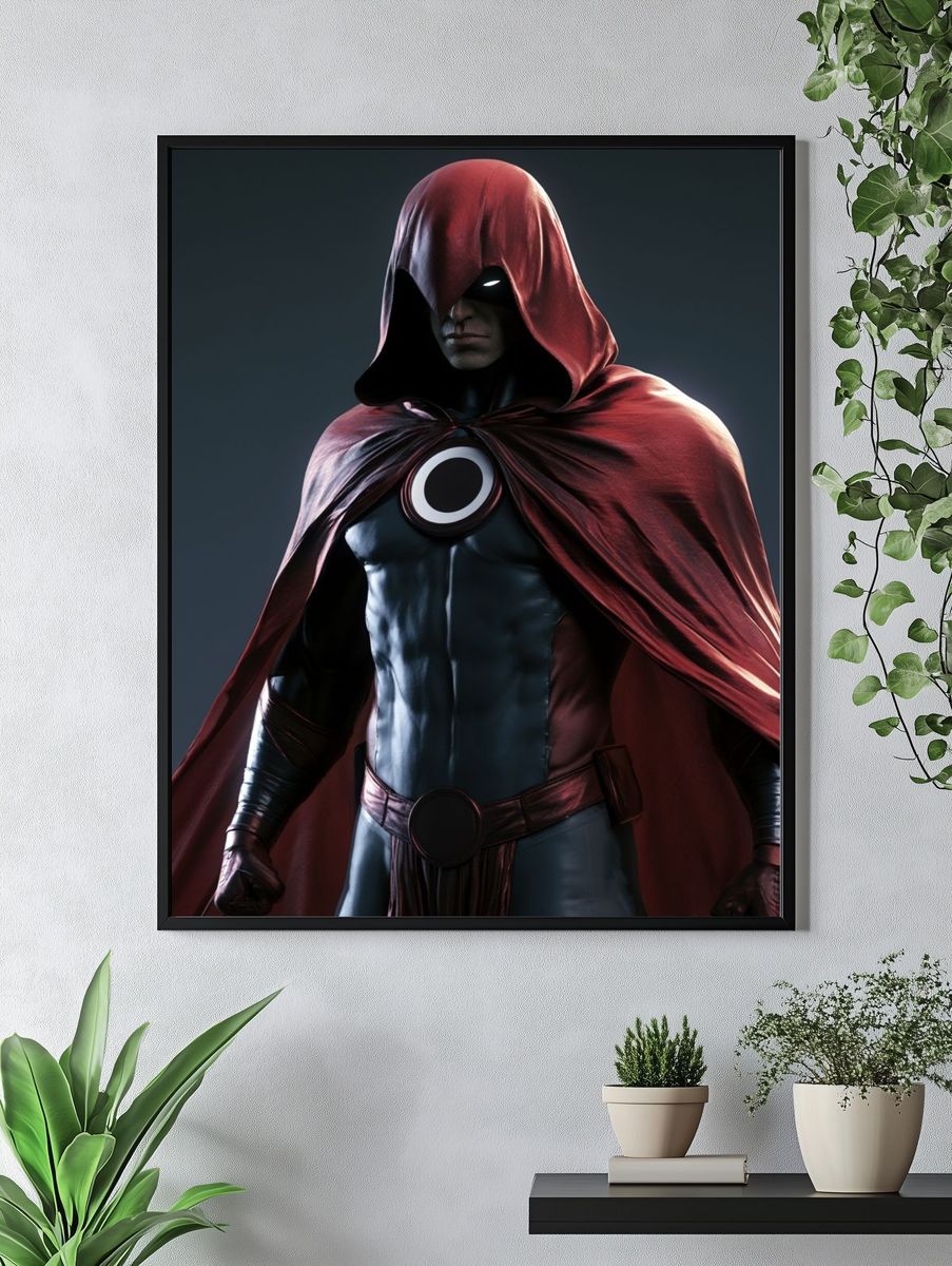 Red Hooded Superhero Portrait Print. — room view 4