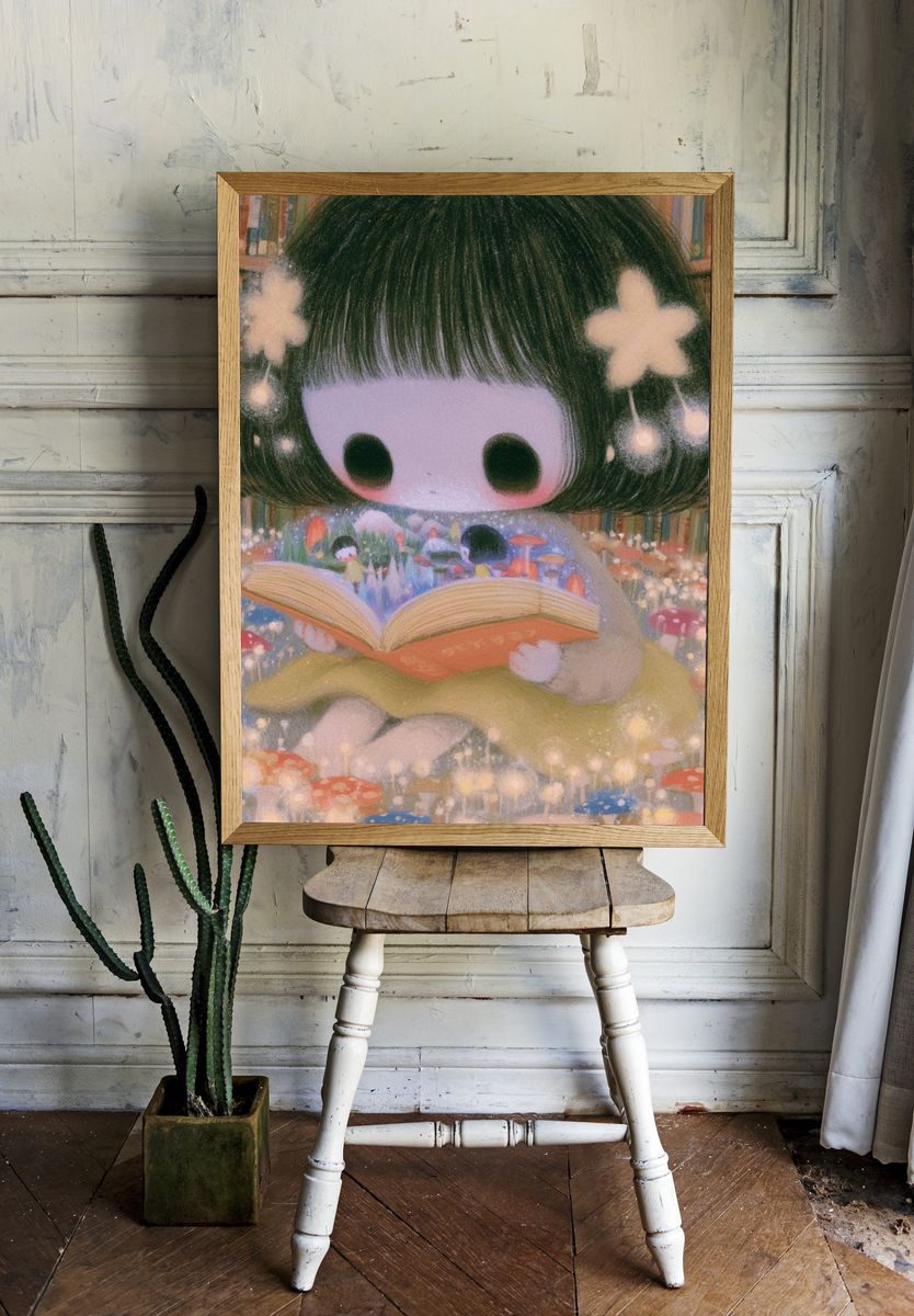 Dreamy Bookworm Girl Illustration Poster. room preview