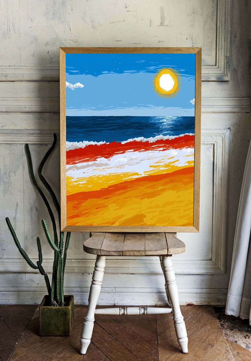 Sunlit Seascape Illustration Poster. — room view 1