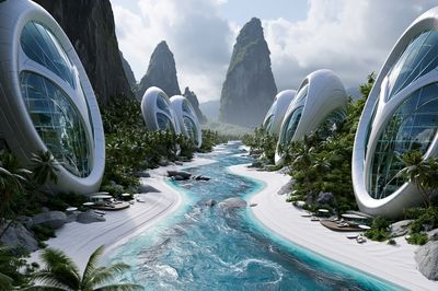 Futuristic Tropical Resort Landscape Poster.