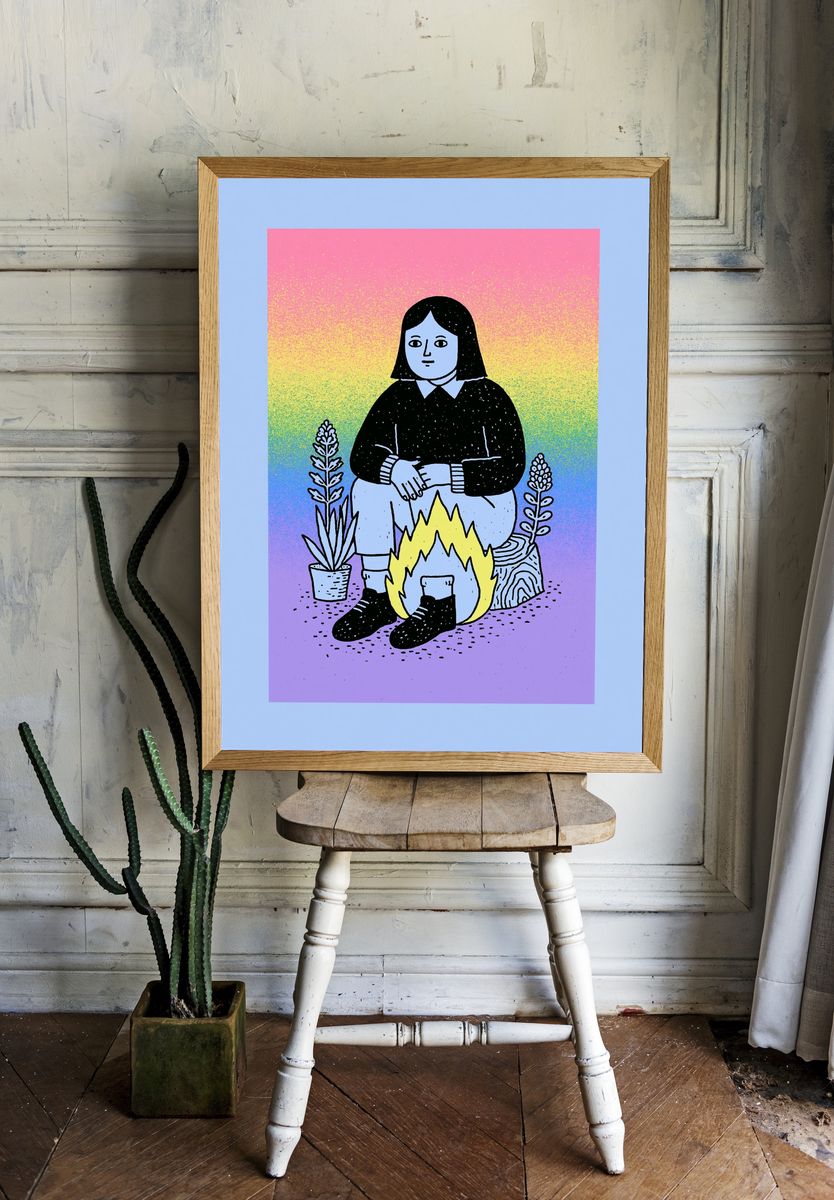 Girl by Campfire Illustration Poster. room preview