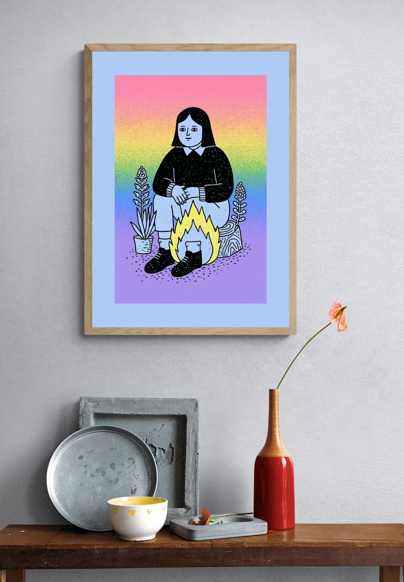 Girl by Campfire Illustration Poster. — room view 3