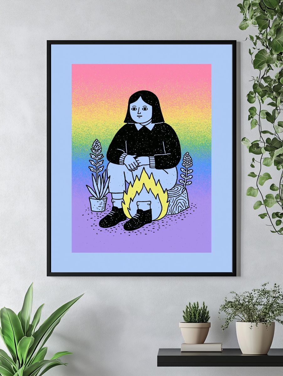Girl by Campfire Illustration Poster. — room view 4