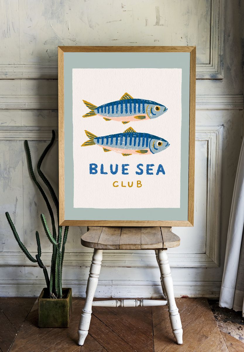 Blue Sea Club Fish Illustration Poster. room preview