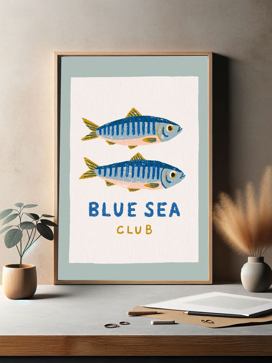 Blue Sea Club Fish Illustration Poster. — room view 2