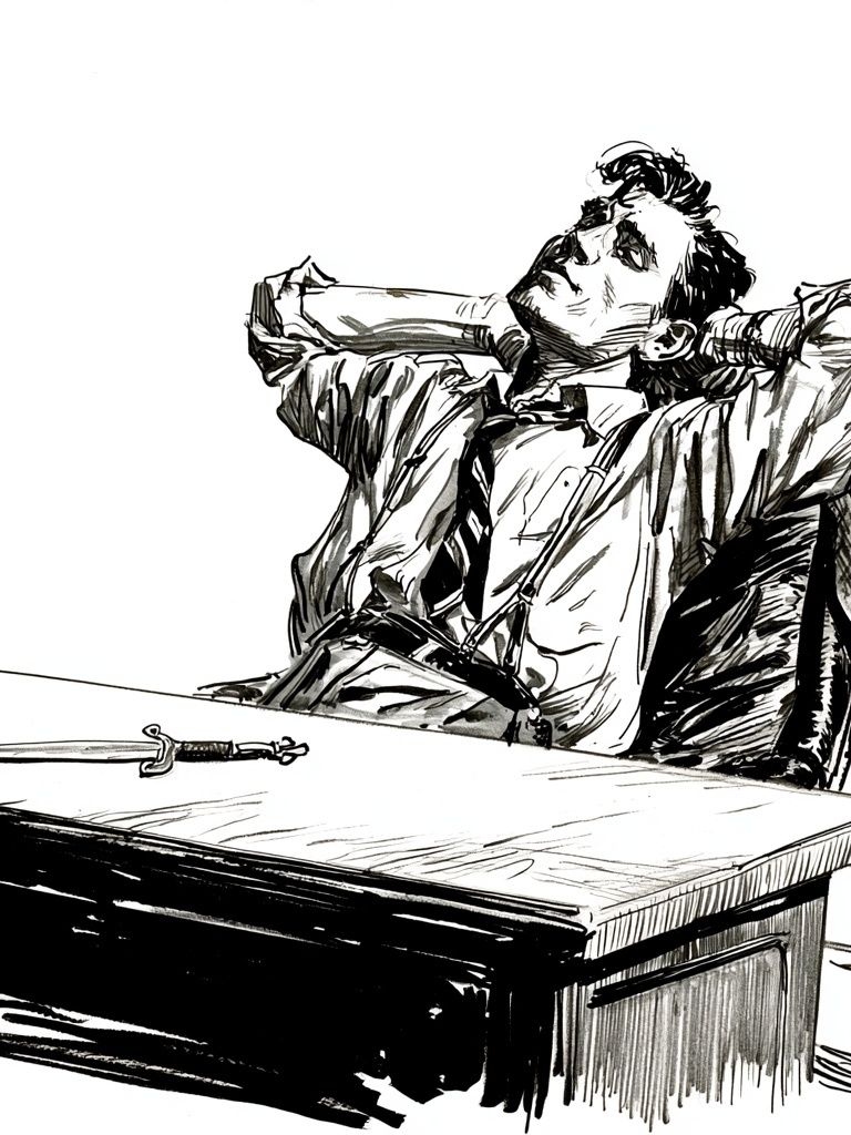 Dramatic Man at Desk Ink Poster. poster detail