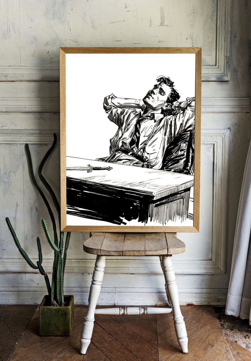 Dramatic Man at Desk Ink Poster. room preview
