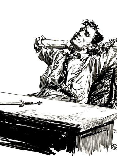 Dramatic Man at Desk Ink Poster.
