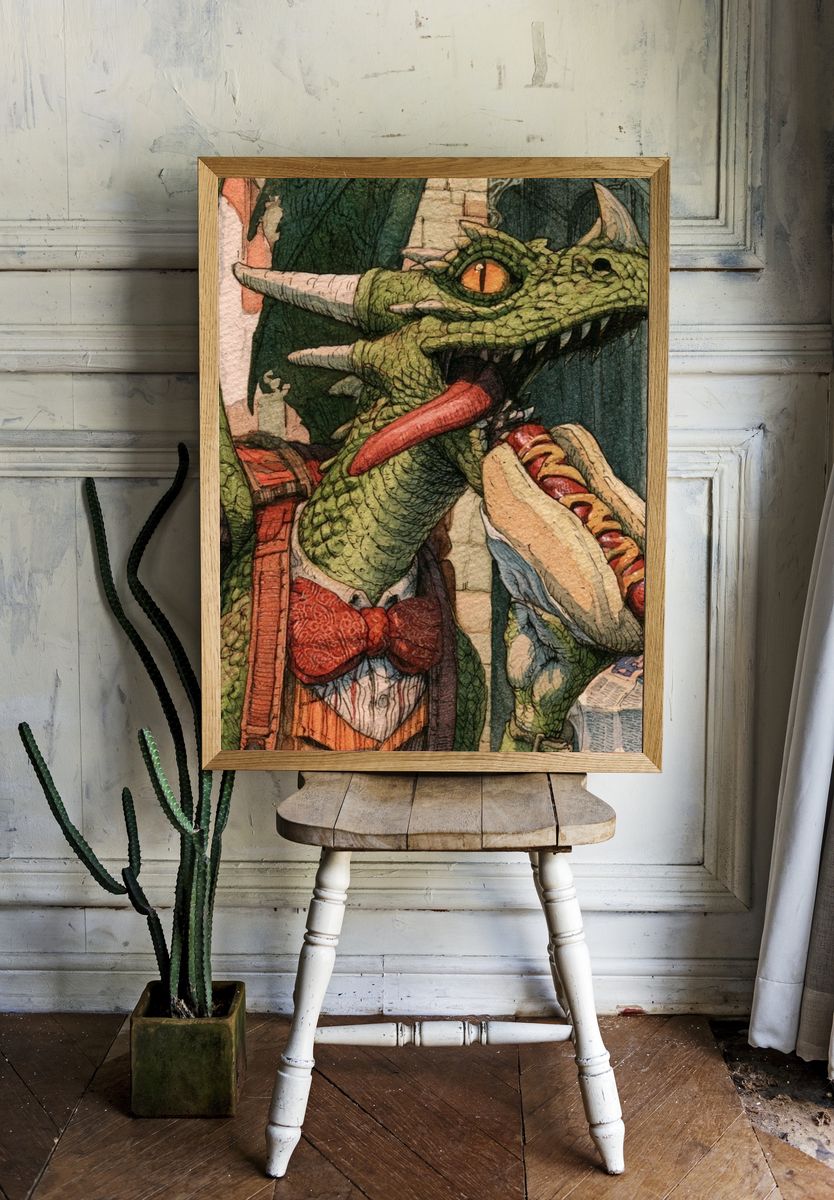 Dragon with Hot Dog Illustration Poster. room preview