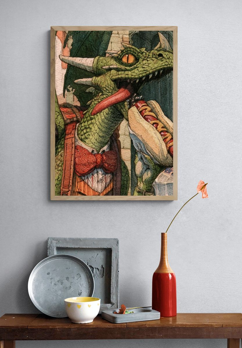 Dragon with Hot Dog Illustration Poster. — room view 3