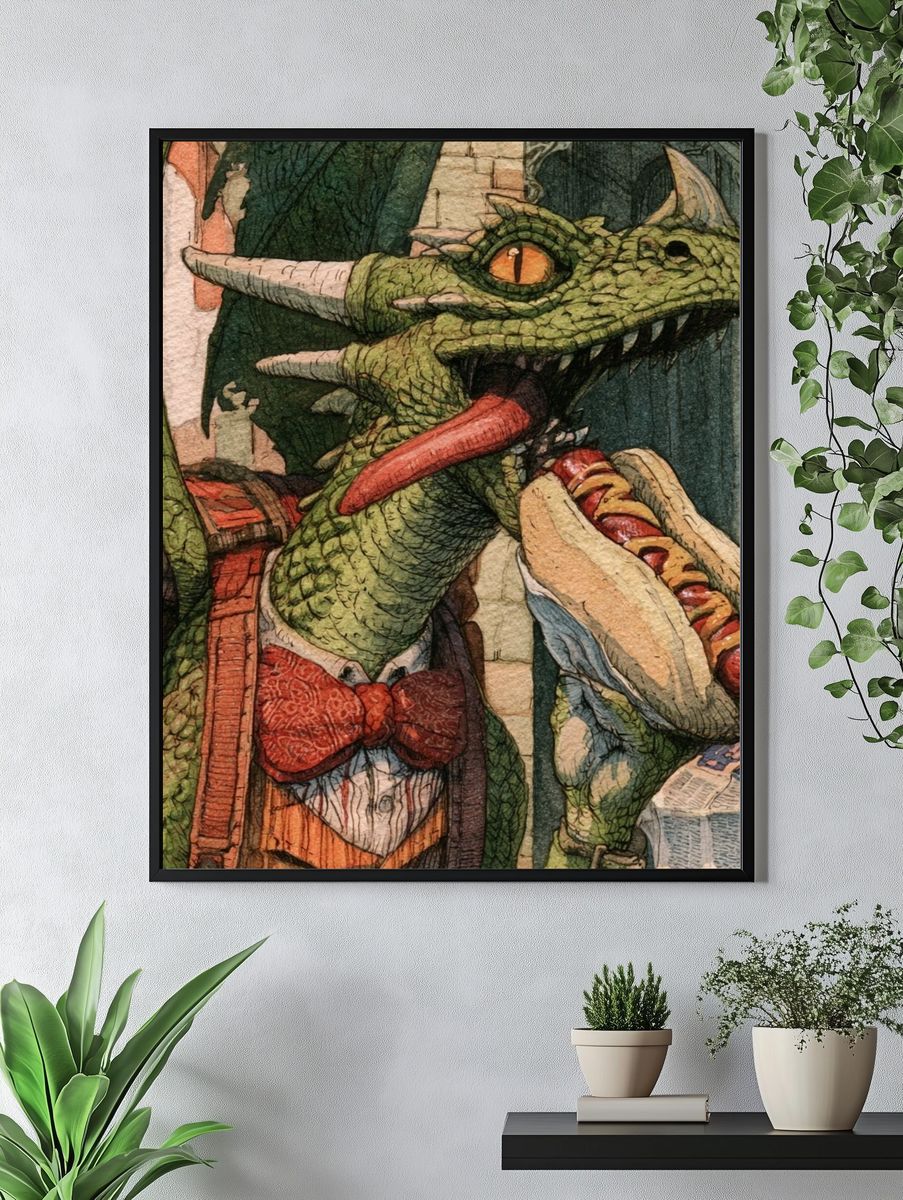Dragon with Hot Dog Illustration Poster. — room view 4