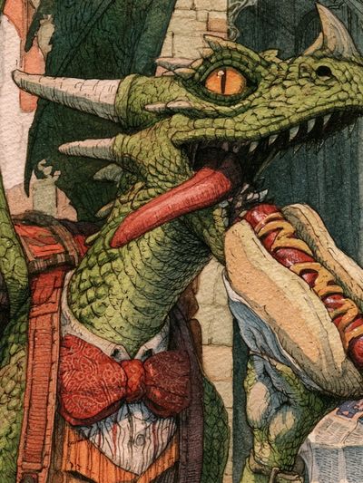 Dragon with Hot Dog Illustration Poster.