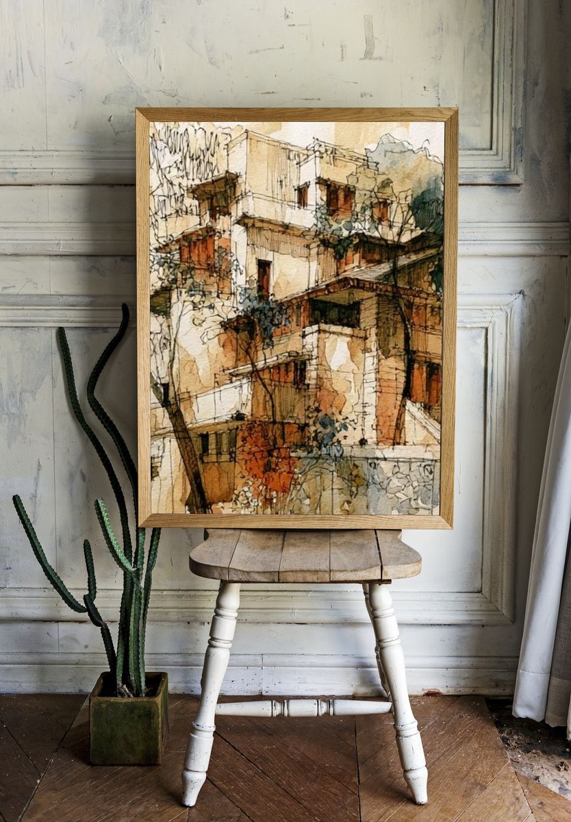 Mediterranean Hillside Village Watercolor Poster. room preview