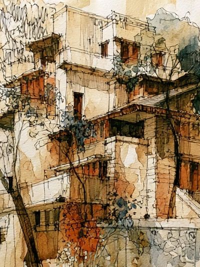 Mediterranean Hillside Village Watercolor Poster. poster