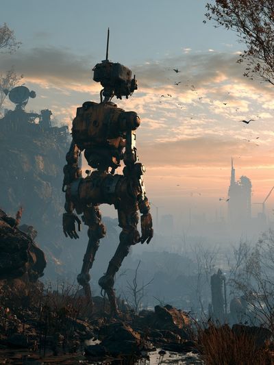 Mech at Sunrise Sci-Fi Poster.