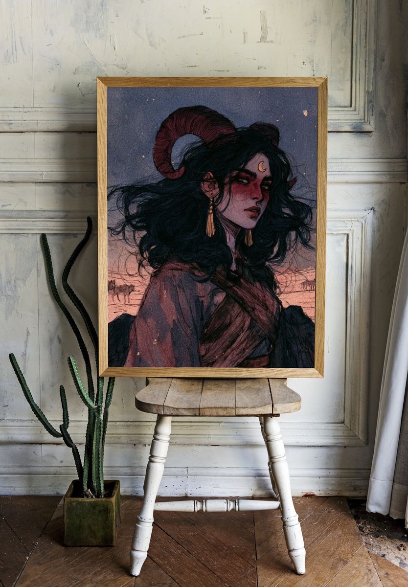Horned Moon Woman Illustration Poster. room preview