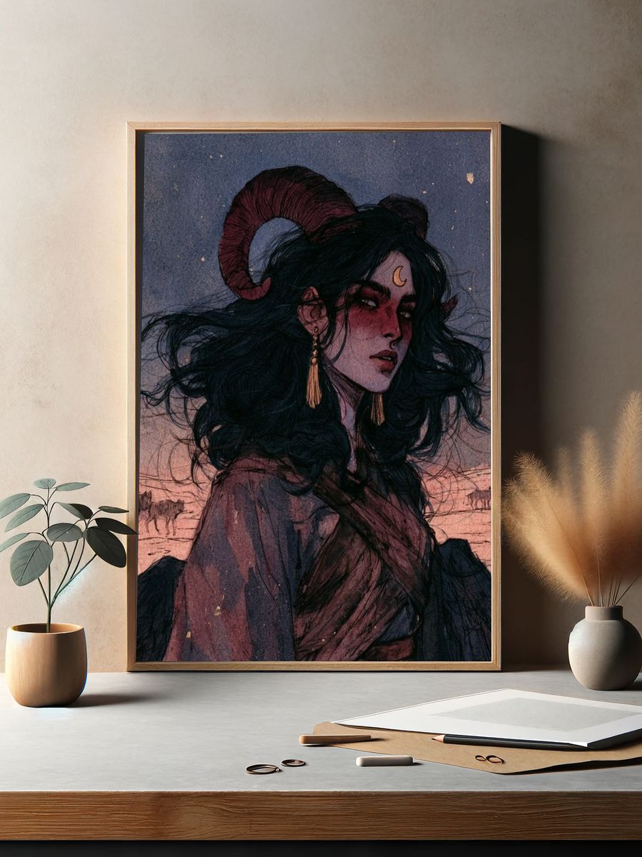 Horned Moon Woman Illustration Poster. — room view 2
