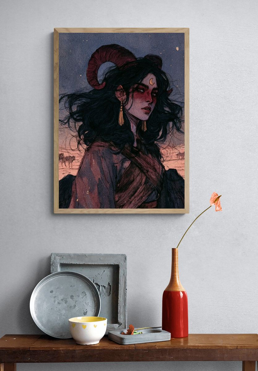 Horned Moon Woman Illustration Poster. — room view 3
