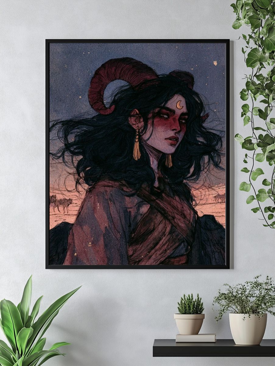 Horned Moon Woman Illustration Poster. — room view 4