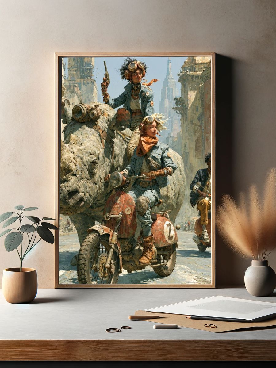 Steampunk Riders in the Ruins Poster. — room view 2