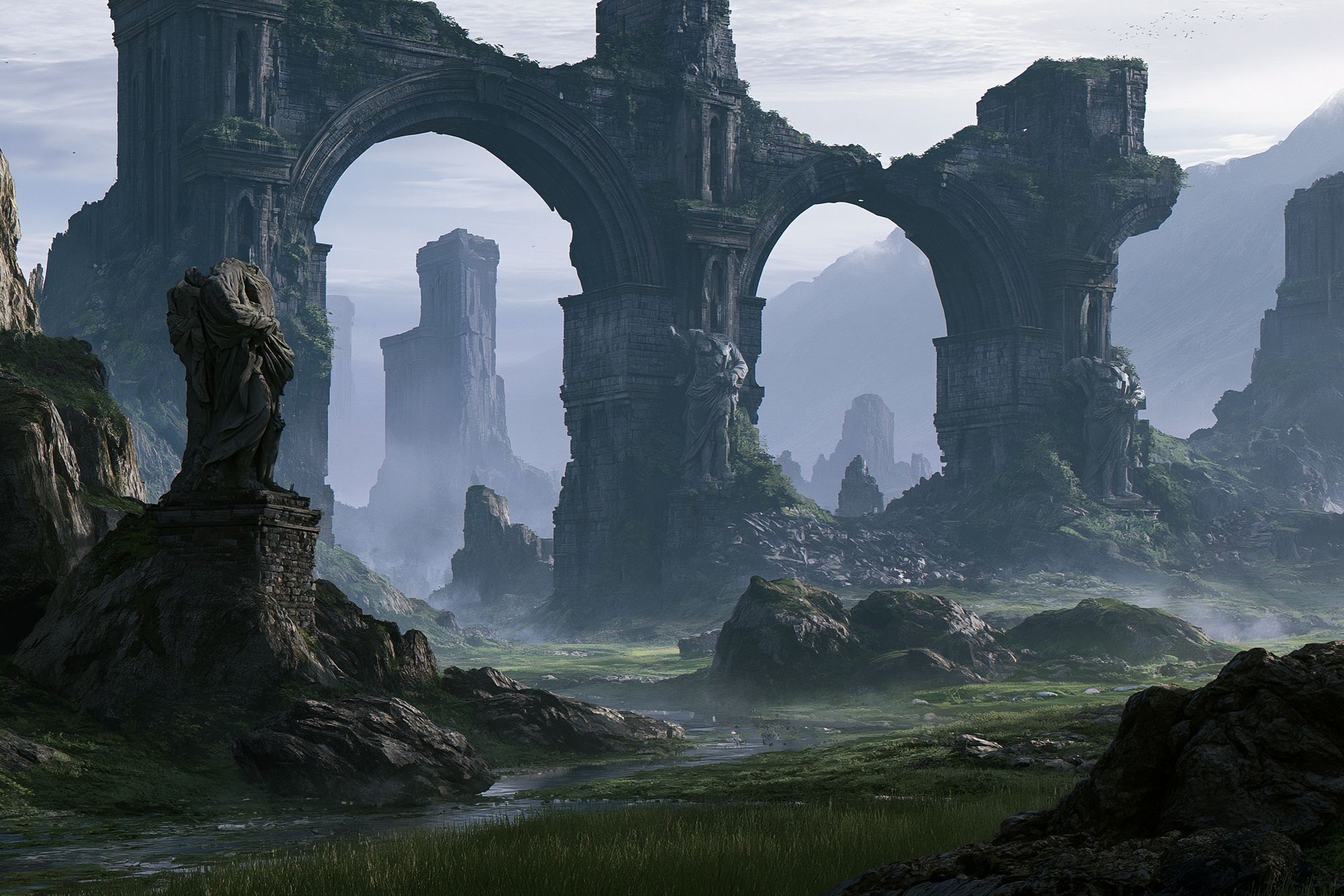 Ancient Ruins Fantasy Landscape Print. poster — illustration art