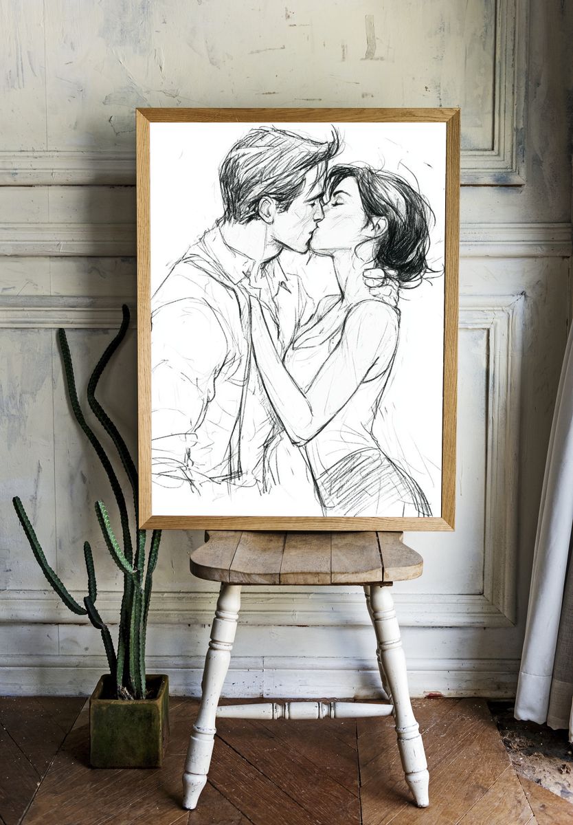 Kissing Couple Line Art Poster. — room view 1