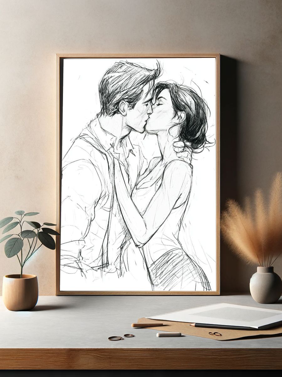 Kissing Couple Line Art Poster. — room view 2