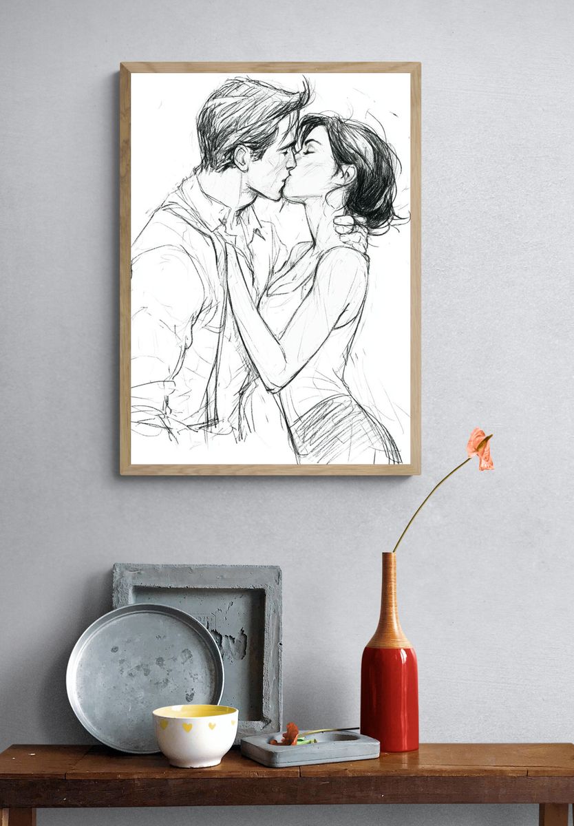 Kissing Couple Line Art Poster. — room view 3