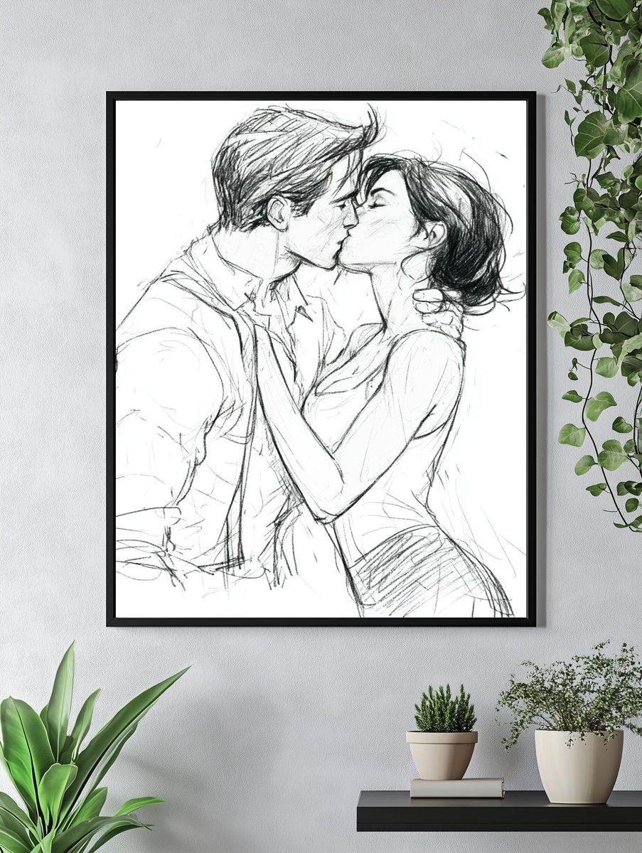 Kissing Couple Line Art Poster. — room view 4