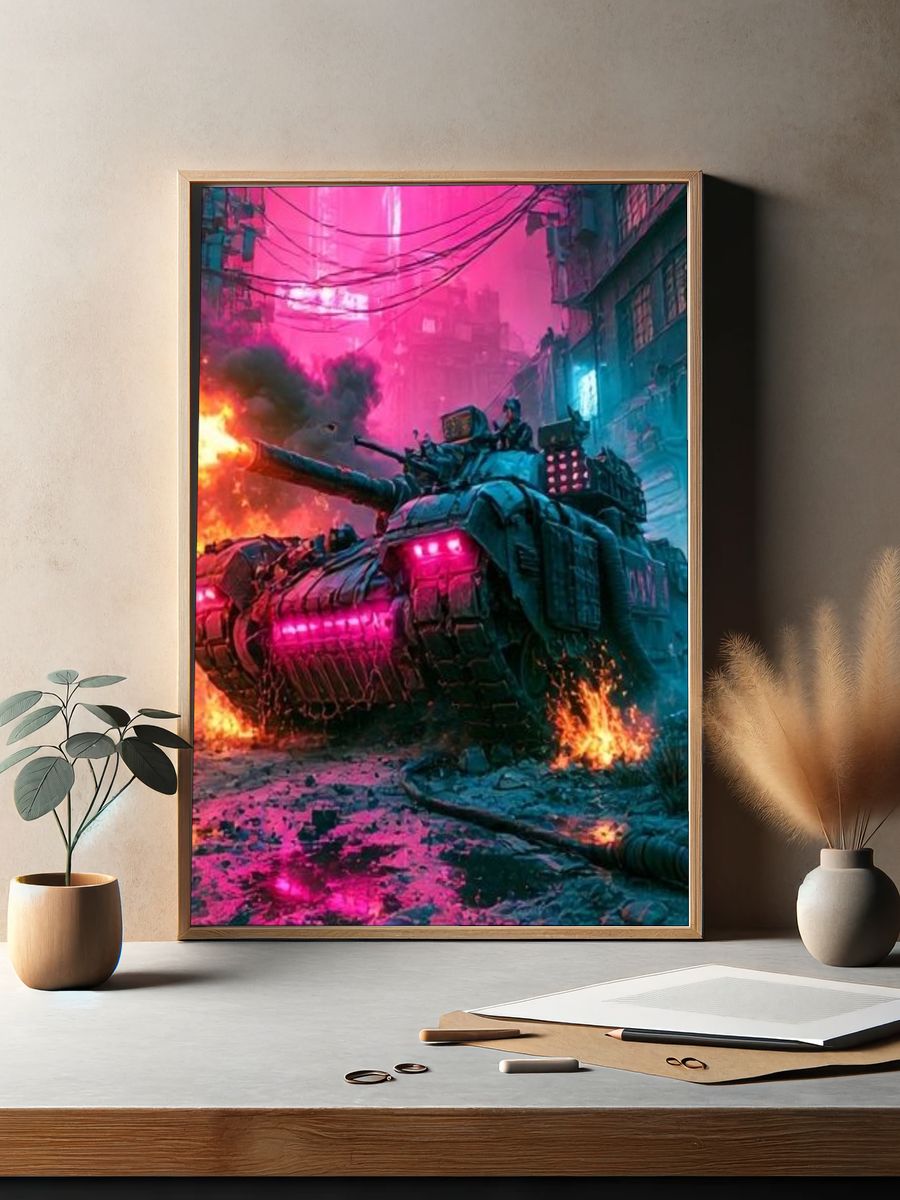 Neon Tank Battle Illustration Poster. — room view 2
