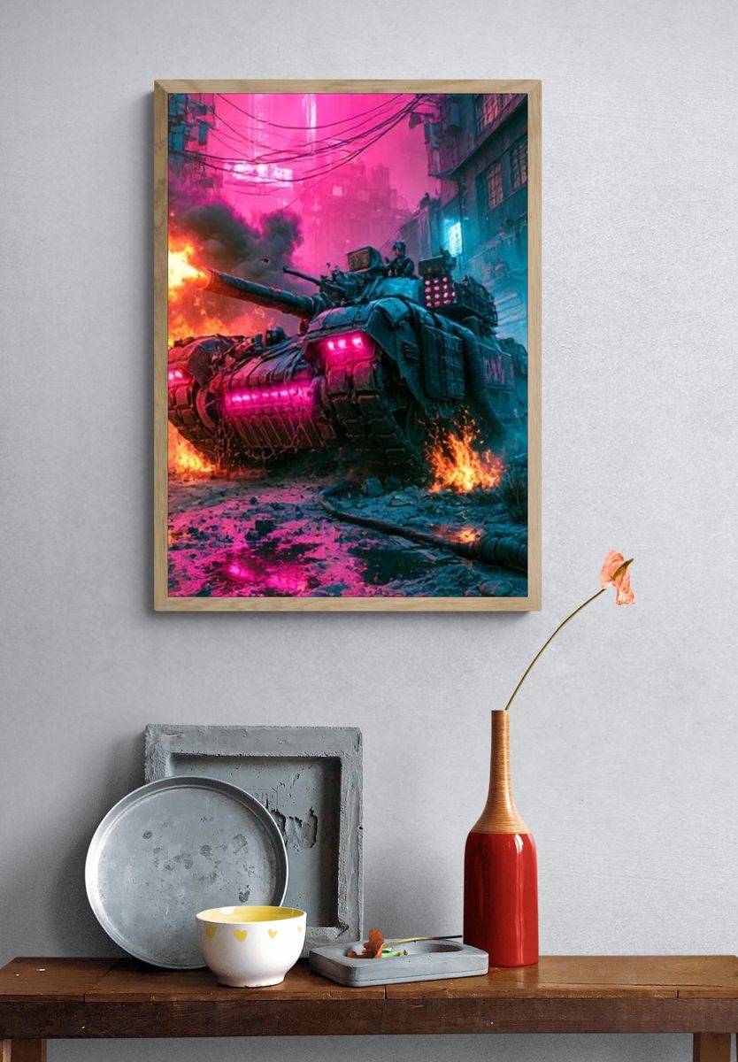 Neon Tank Battle Illustration Poster. — room view 3