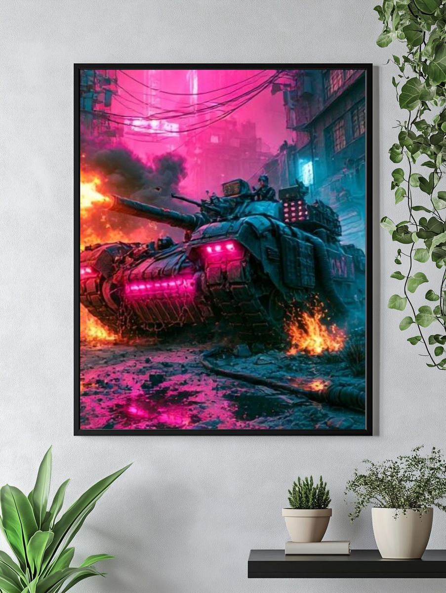 Neon Tank Battle Illustration Poster. — room view 4