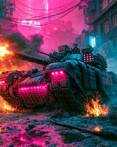 Neon Tank Battle Illustration Poster.
