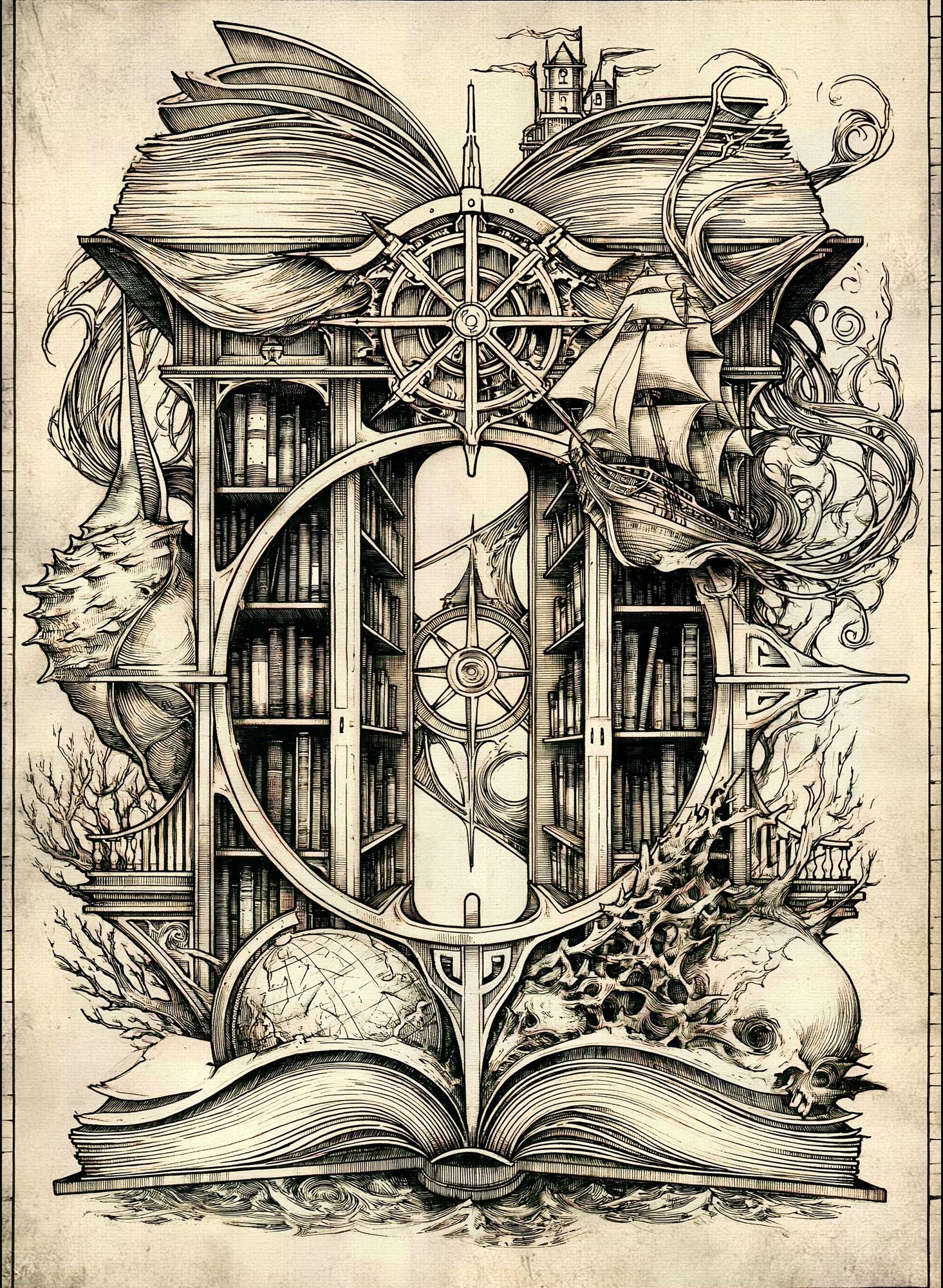 Surreal Nautical Library Print. poster — illustration art