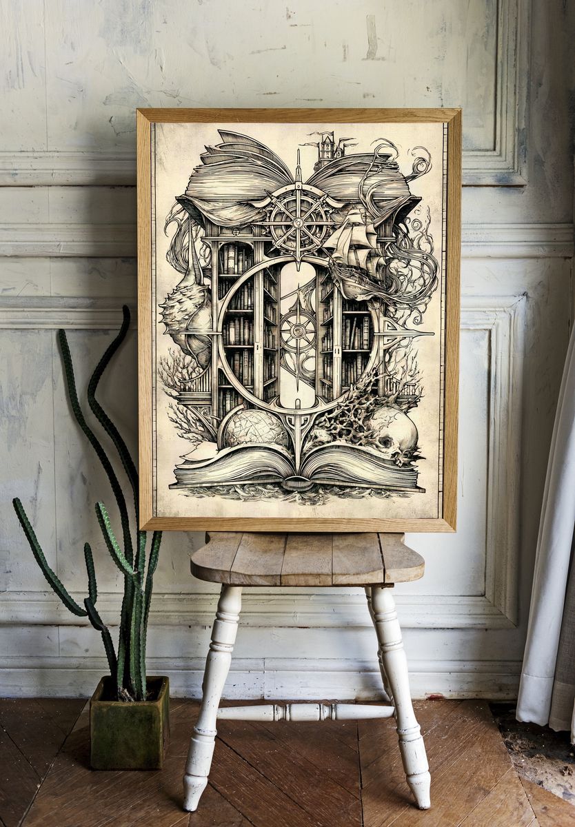 Surreal Nautical Library Print. room preview