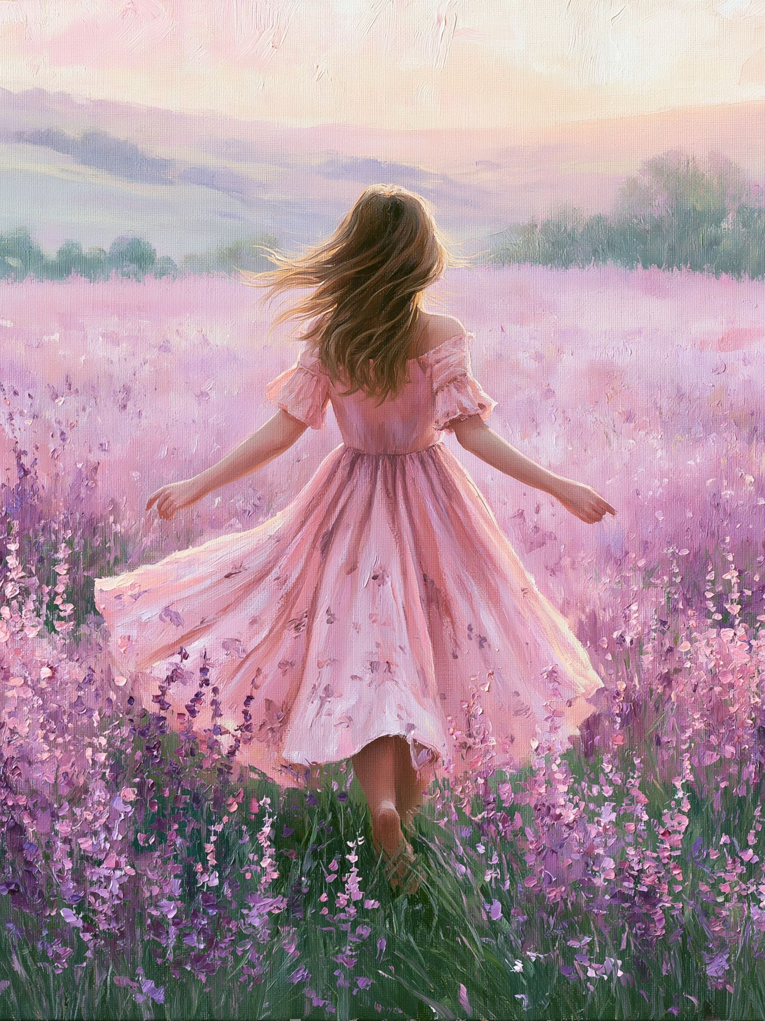 Girl in Lavender Field Illustration Poster. poster detail