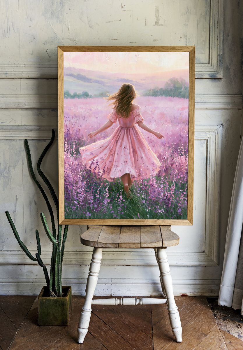 Girl in Lavender Field Illustration Poster. — room view 1